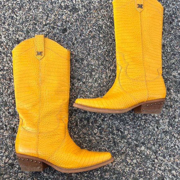 Sam Edelman Oakland Yellow Crocodile Embossed Leather Cowboy Boots Size 9 - Picture 3 of 10